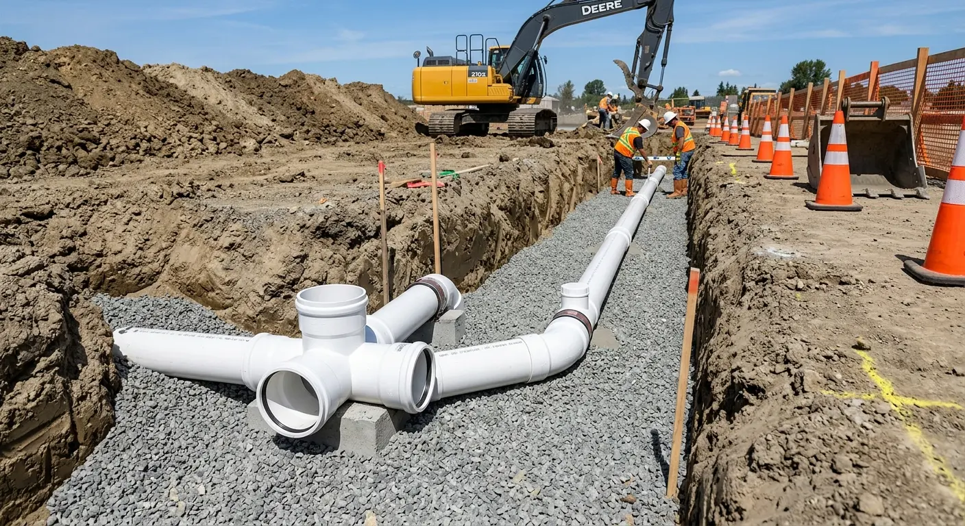 New PVC sewer pipe installation in open trench for Grease Trap Cleaning in Deer Park