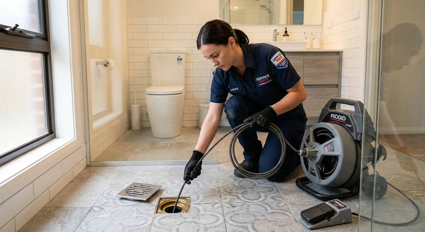Technician clearing a bathroom floor drain for Hydro Jetting in Deer Park